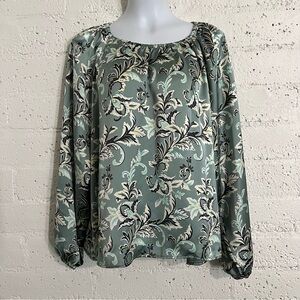 LOFT Womens Top XL Green Vine Leaf Print Long Sleeve Silky Blouse B16